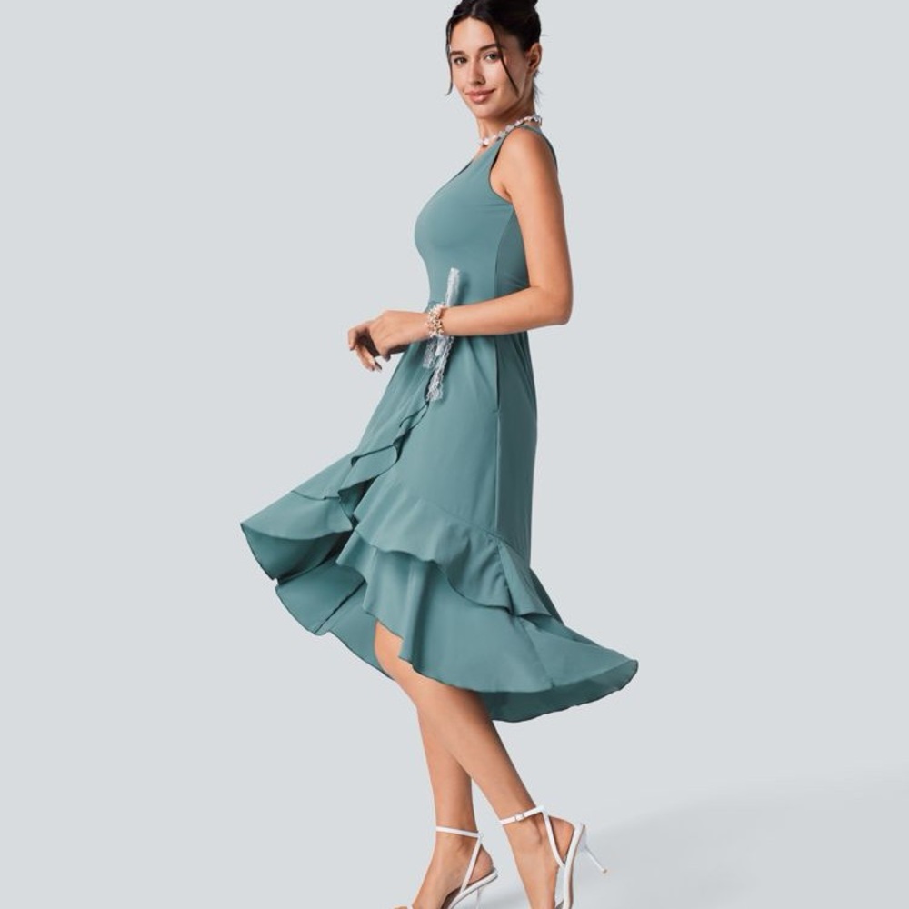 HALARA Breezeful Ruffled Stone Blue High Low Dress With Open Back Teal - Picture 6 of 10